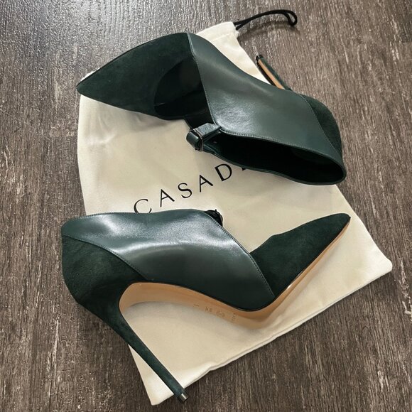 CASADEI Pointed Toe Cutout Stiletto Heels Dark Green Suede Leather Pumps - Picture 4 of 10